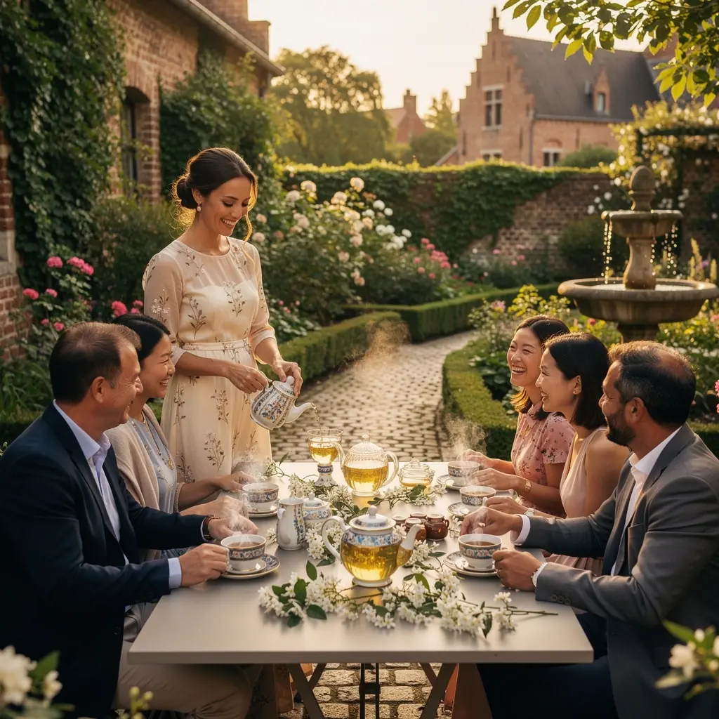 Vente de sachets de thГ© au jasmin dans un marchГ© belge, attirant les passants.